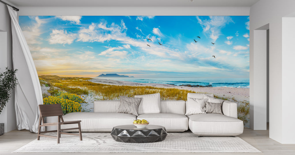 Ryno Botha, Table Mountain, Cape Town, Wallpaper, large, print, art, seascape, sunset, ocean, beach, birds, sea gull, flowers, yellow