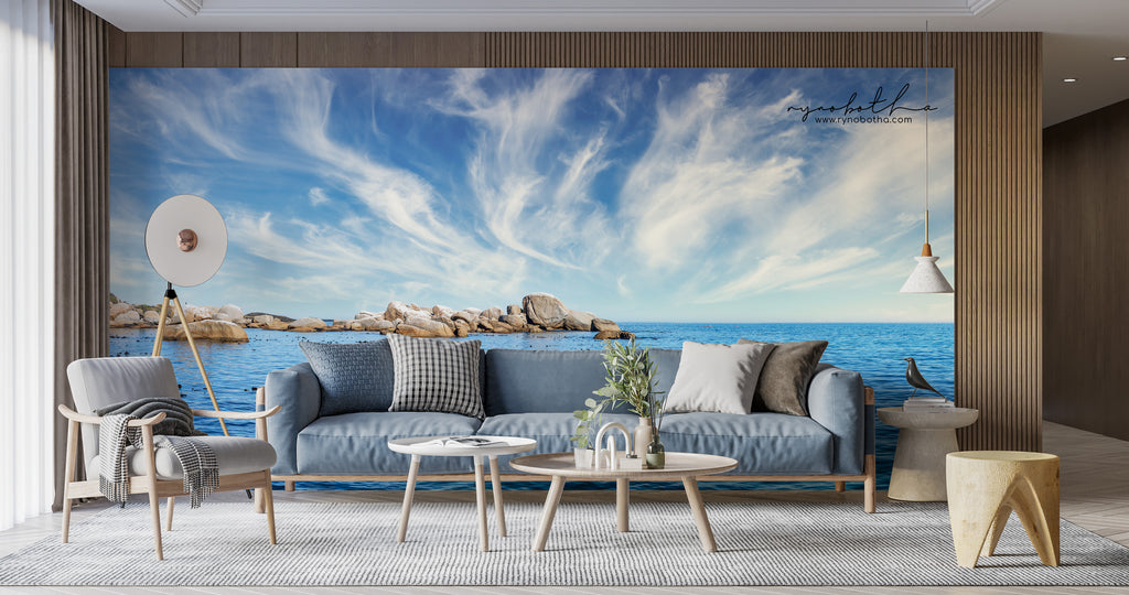 Ryno Botha, large, print, art, seascape, sunset, ocean, beach, minimal, Cape Town, Table Mountain, Camps Bay, wallpaper, kelp, waves, serene, clouds, blue sky