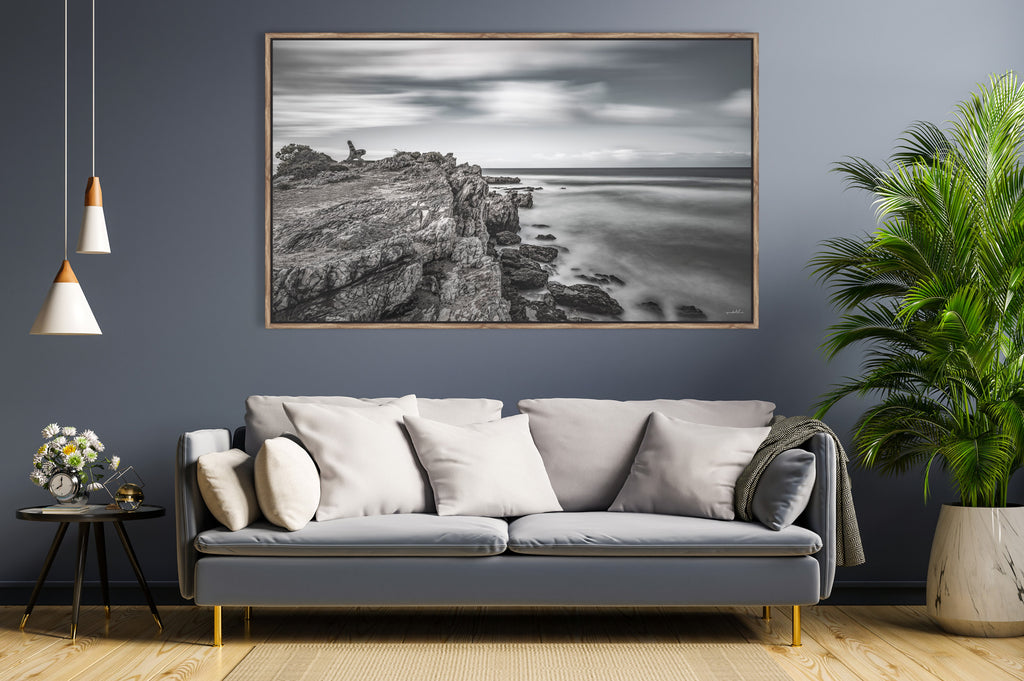 Ryno Botha, Classic Collection, home, Canvas, large, print, black and white, B&W, Monochrome, grayscale, art, seascape, sunset, ocean, beach, bench, wood Frame, acrylic, perspex, glass, abstract, minimal, Hermanus, Cape Town, South Afric, long exposure, rock, lonely. 