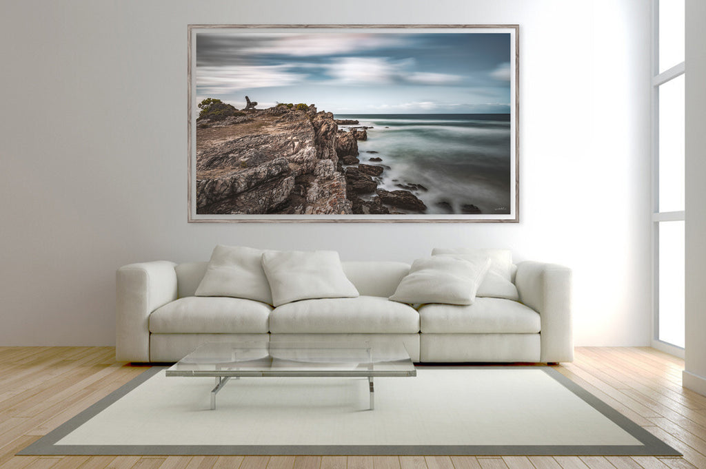Ryno Botha, Classic Collection, home, Canvas, large, print, art, seascape, sunset, ocean, beach, bench, wood Frame, acrylic, perspex, glass, abstract, minimal, Hermanus, Cape Town, South Africa, long exposure, rock, lonely. 