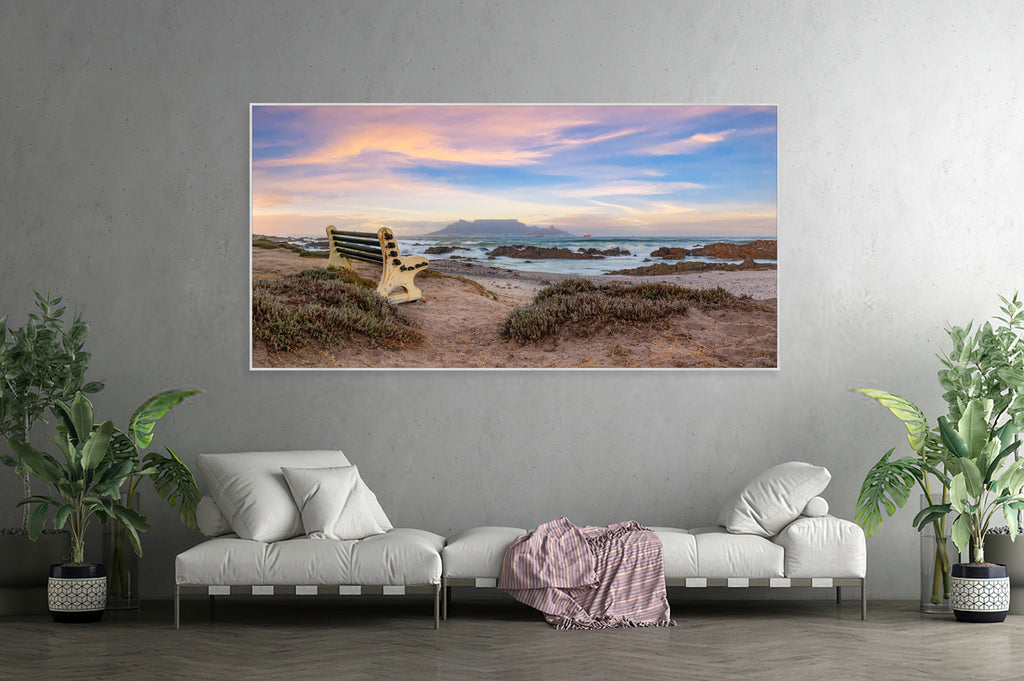 Ryno Botha, Canvas, large, print, art, seascape, sunset, ocean, beach, wood Frame, acrylic, Acrylic Glass / Perspex , wooden bench, romantic