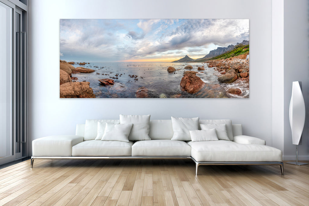 Ryno Botha, collection, Canvas, large, print, art, seascape, sunrise, ocean, beach, rocks, wood Frame, acrylic glass, perspex, clifton, camps bay, Cape Town, South Africa, Lions Head. 
