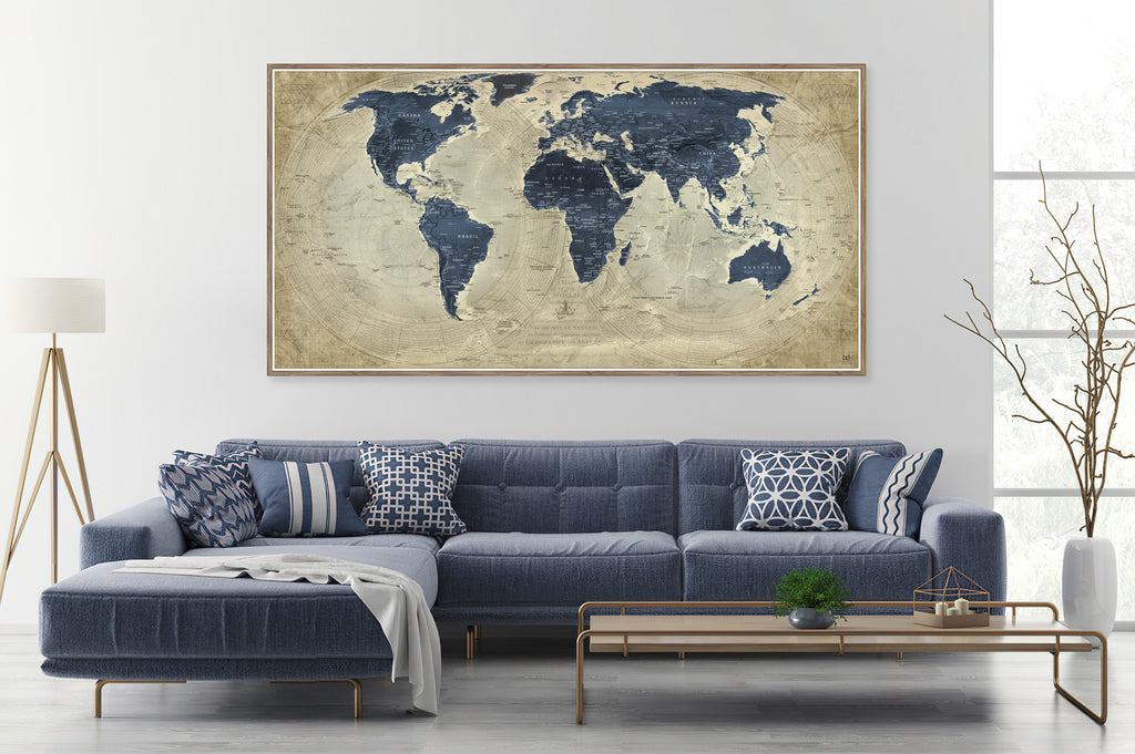 Ryno Botha, World Map, Canvas, large, print, art, wood Frame, abstract, acrylic glass, perspex, minimal, vintage, ancient, globe, planet, earth, navy, khaki