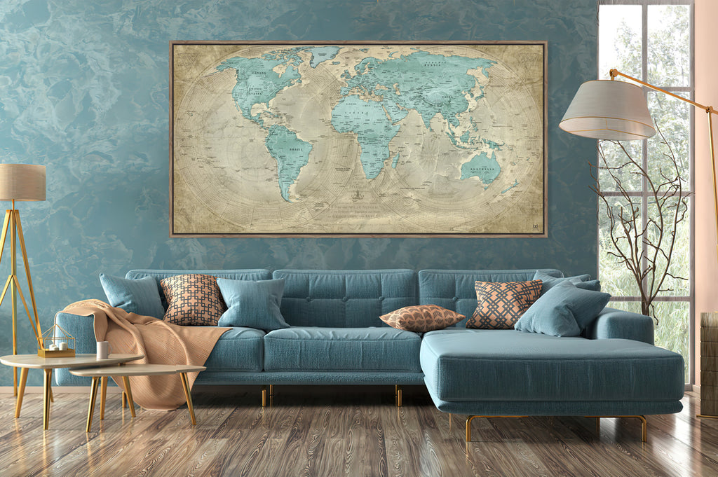 Ryno Botha, World Map, Canvas, large, print, art, wood Frame, abstract, acrylic glass, perspex, minimal, vintage, ancient, globe, planet, earth, Turquoise, khaki
