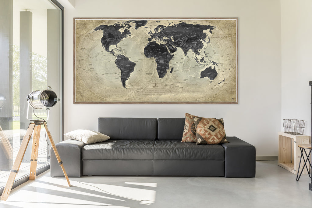 Ryno Botha, World Map, Canvas, large, print, art, wood Frame, abstract, acrylic glass, perspex, minimal, vintage, ancient, globe, planet, earth, black, khaki