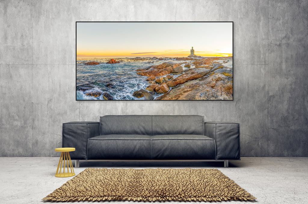 Ryno Botha, Canvas, large, print, art, seascape, sunset, ocean, beach, wood Frame, reflect, rocks, Light House, panorama, acrylic glass