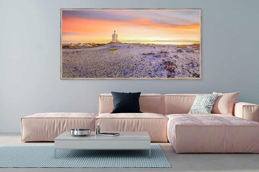 Ryno Botha, Canvas, large, print, art, seascape, sunset, ocean, beach, wood Frame, reflect, rocks, Light House, panorama, acrylic glass