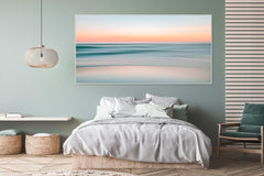Pastel light yellow/salmon touches of blue & green seascape abstract sunrise.    Alt Text: