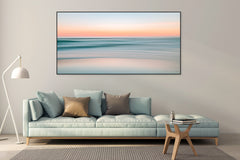 Pastel light yellow/salmon touches of blue & green seascape abstract sunrise.    Alt Text: