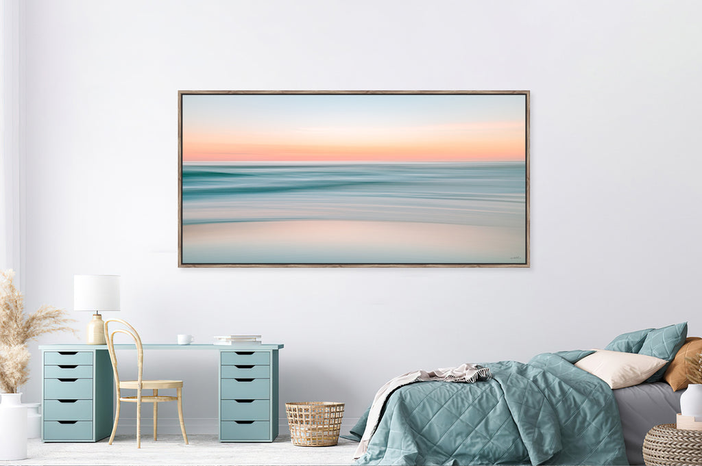 Pastel light yellow/salmon touches of blue & green seascape abstract sunrise.    Alt Text: