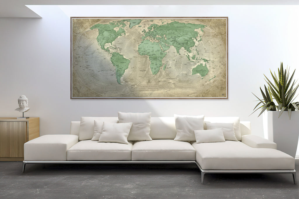 Ryno Botha, World Map, Canvas, large, print, art, wood Frame, abstract, acrylic glass, perspex, minimal, vintage, ancient, globe, planet, earth, green, khaki