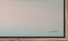 Pastel light yellow/salmon touches of blue & green seascape abstract sunrise.    Alt Text: